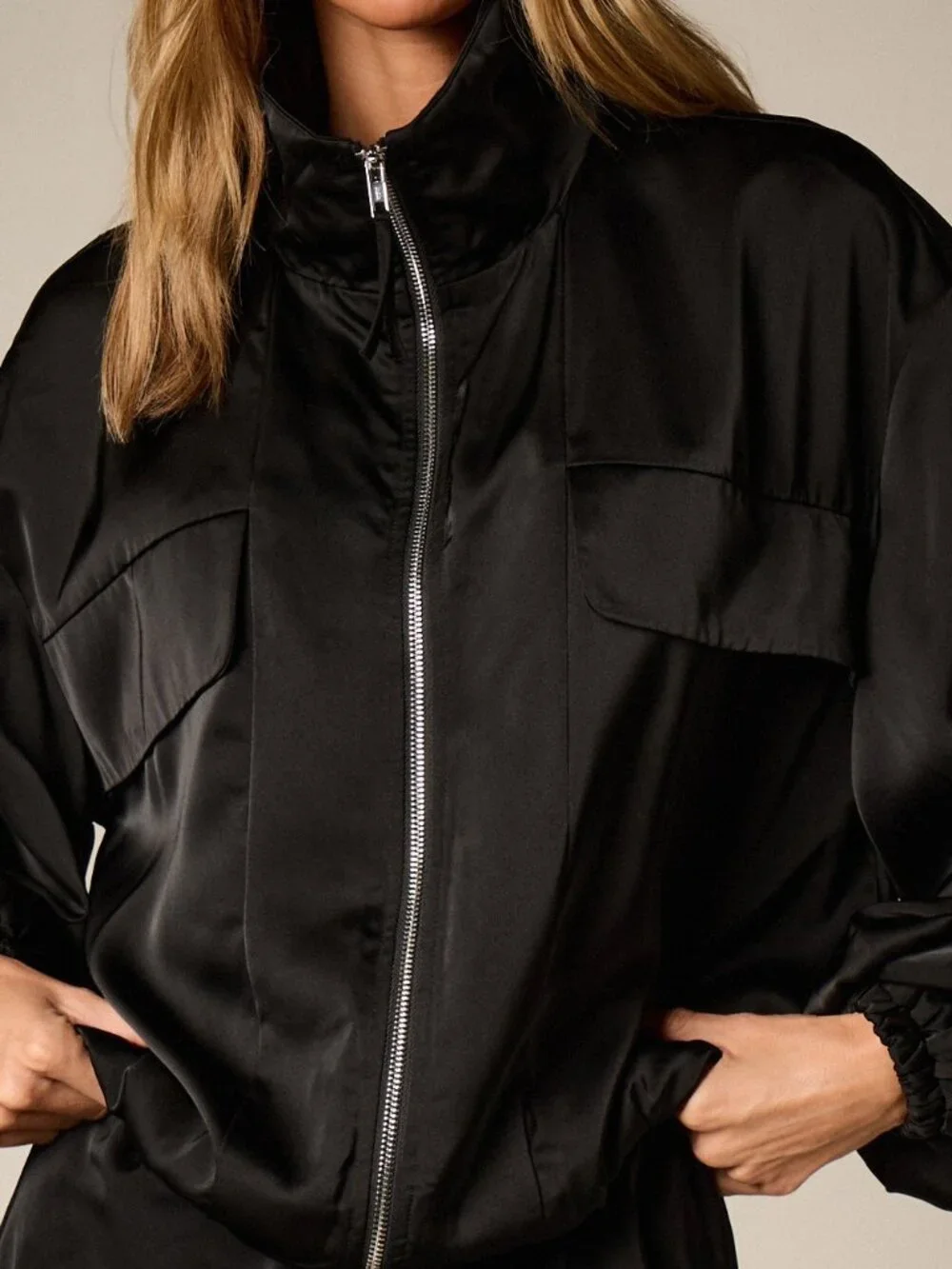 Black Casual Women's Oversized Bomber Jacket With Stand Collar